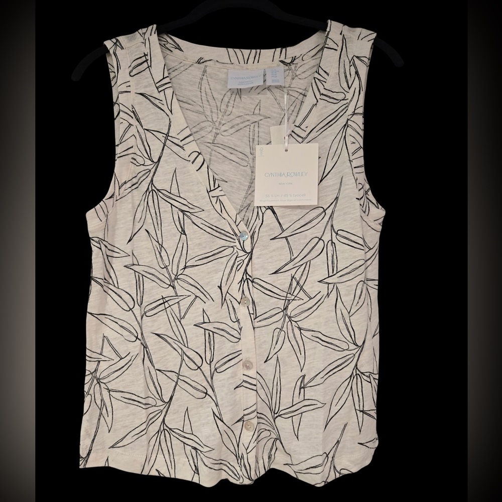 Cynthia Rowley Cream Sleeveless Button-Front Leaf Print